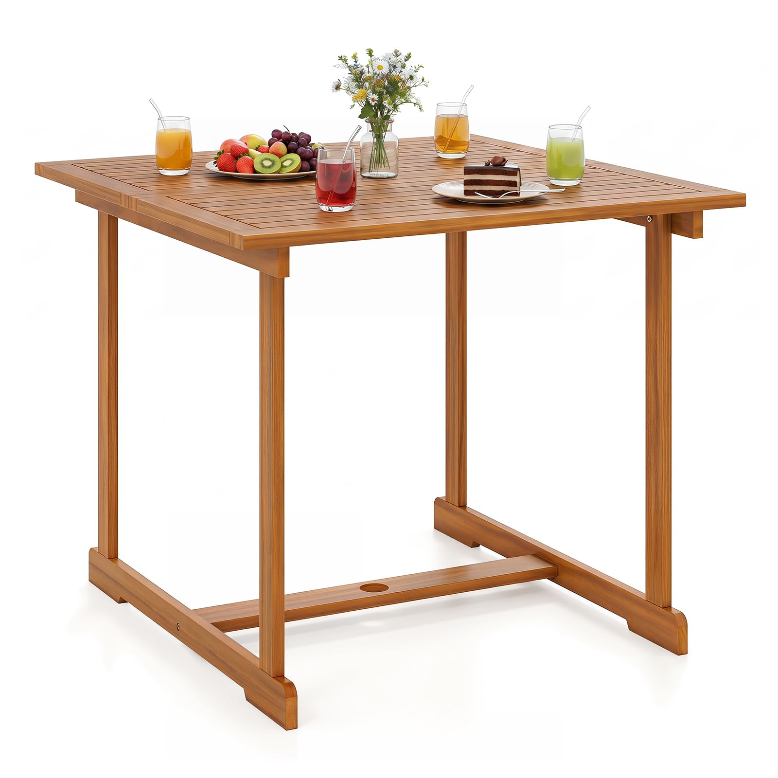 Tangkula 35.5" Acacia Wood Square 4-Person Patio Table with Umbrella Hole